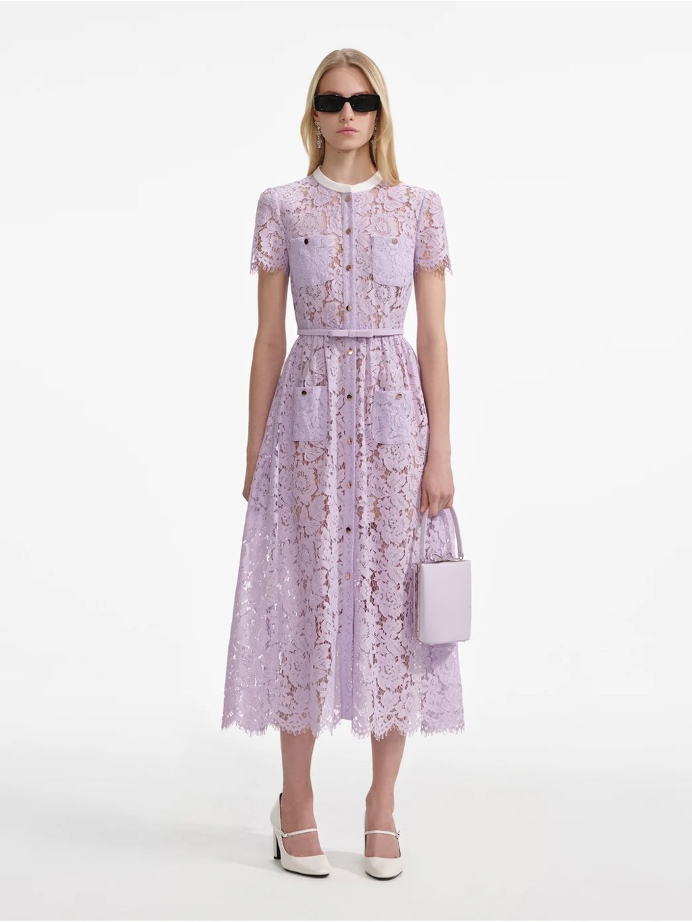 Self-Portrait Lilac Lace Button Front Midi Dress